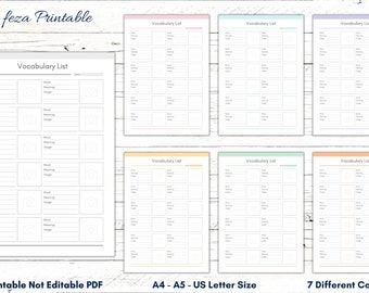 Printable Vocabulary List, A4 A5 US Letter Sizes (PDF)