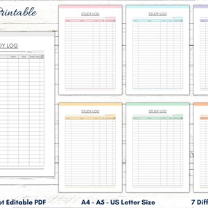 Puede incluir: Siete plantillas de registro de estudio imprimibles en diferentes colores: rosa, azul claro, morado, amarillo, verde y naranja. Cada plantilla tiene un encabezado que dice "Study Log" e incluye columnas para la fecha, los temas, la hora de inicio, la hora de finalización y el tiempo total. El texto "Printable Not Editable PDF" está en la parte inferior de la imagen.