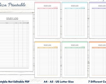 May include: Seven printable study log templates in different colors: pink, light blue, purple, yellow, green, and orange. Each template has a header that says "Study Log" and includes columns for date, topics, start time, end time, and total time. The text "Printable Not Editable PDF" is at the bottom of the image.
