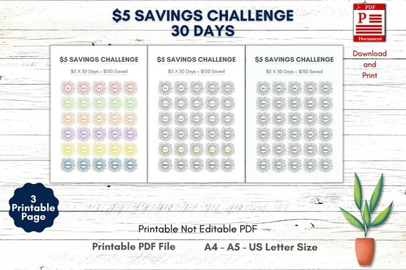 Printable Savings Challenge 5 Dollar Challenge 30 Days | Etsy
