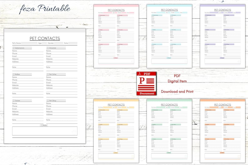 Printable Pet Contact Sheet, PDF Pet Sheet, Pet Contacts Template