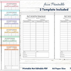 May include: Printable net worth tracker template in A6 size. The template has two pages, each with a table to track assets and liabilities. The template is available in seven different colors.