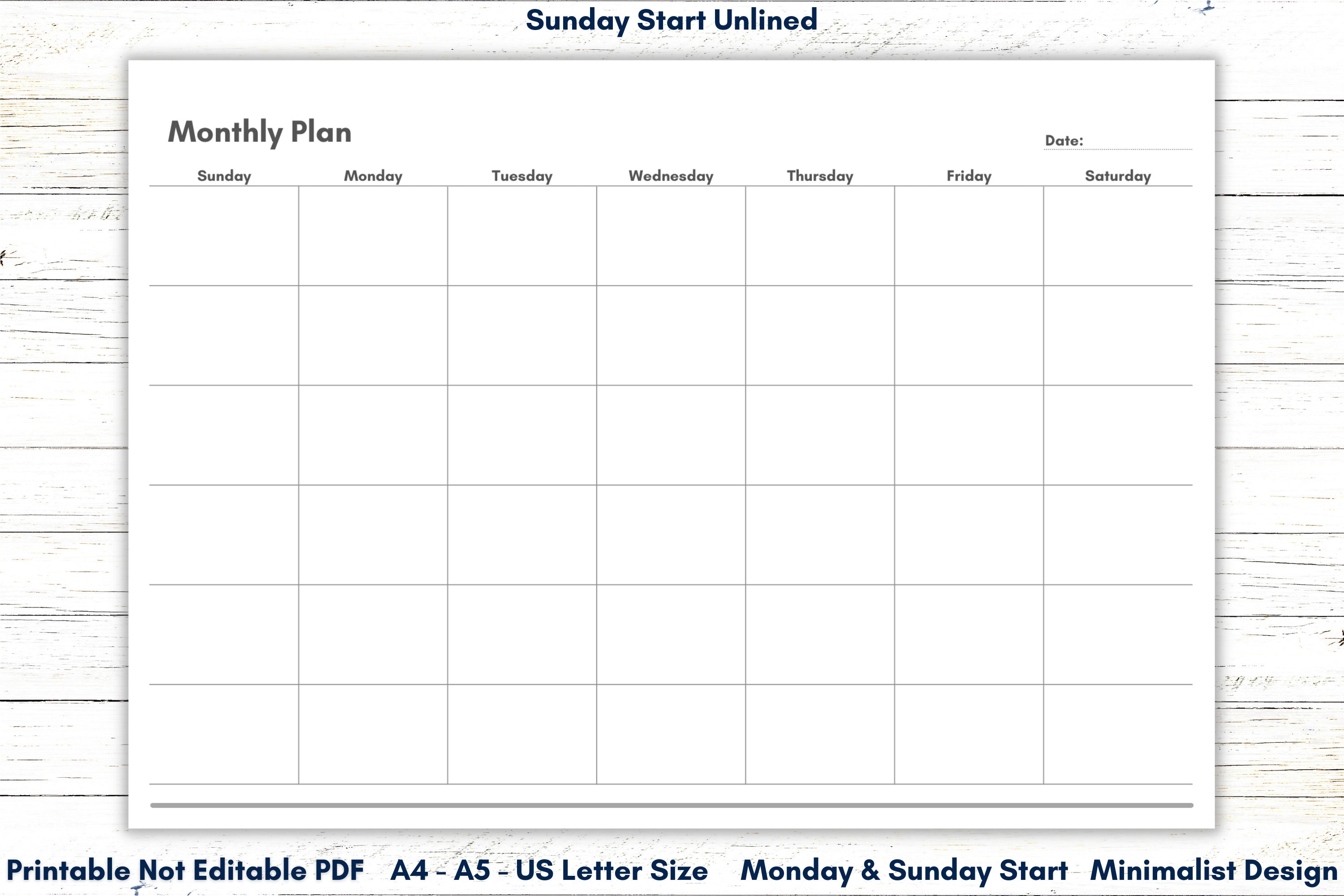 Undated Calendar Printable, Undated Monthly Calendar, Lined Calendar
