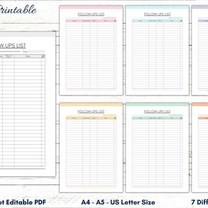 Op de afbeelding: Printbare follow-up-lijst sjabloon in zeven verschillende kleuren: roze, lichtblauw, paars, geel, groen, lichtgroen en oranje. De sjabloon is ontworpen voor A4, A5 en US Letter papierformaat. De tekst op de sjabloon zegt "Follow Ups List".