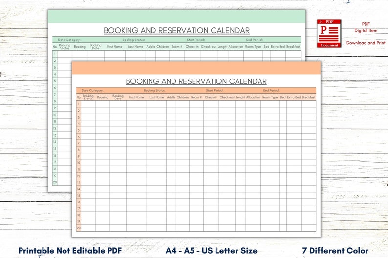Printable Booking & Reservation Calendar, Printable Booking Template ...
