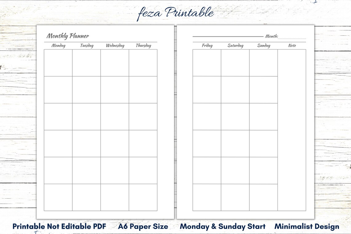 A6 Monthly Planner, Blank Monthly Calendar, A6 Calendar Printable ...