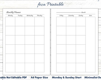 A6 Blank Monthly Calendar Insert, Minimalist Planner (PDF)