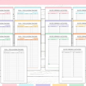 Peut inclure: Planificateur de suivi des puces, des tiques et des vers pour animaux de compagnie. Les planificateurs sont de couleur pastel avec les titres "Flea - Tick & Worm Tracker" et "52 activit&eacute;s pour animaux de compagnie".