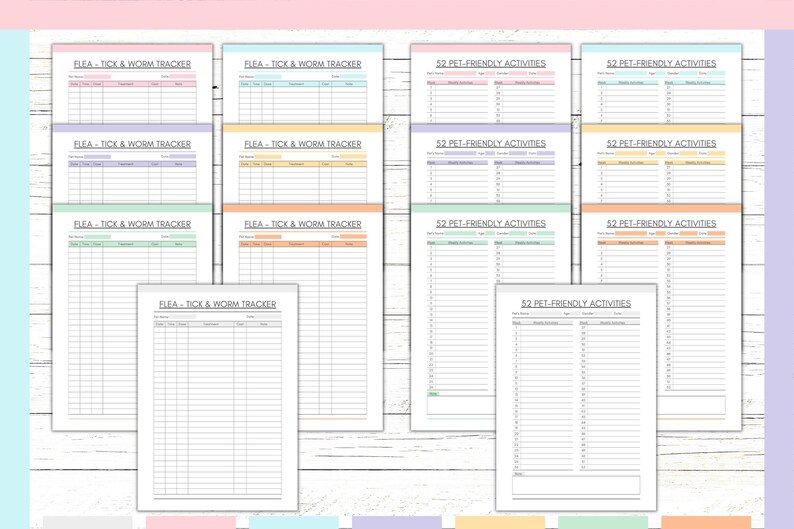 Peut inclure: Planificateur de suivi des puces, des tiques et des vers pour animaux de compagnie. Les planificateurs sont de couleur pastel avec les titres "Flea - Tick & Worm Tracker" et "52 activit&eacute;s pour animaux de compagnie".