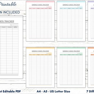 May include: A selection of printable sinking funds trackers in pastel shades. The trackers are designed for financial management. The image includes the text "feza Printable", "2 VERSION INCLUDED", "Printable Not Editable PDF", "A4 - A5 - US Letter Size", and "7 Different Color".