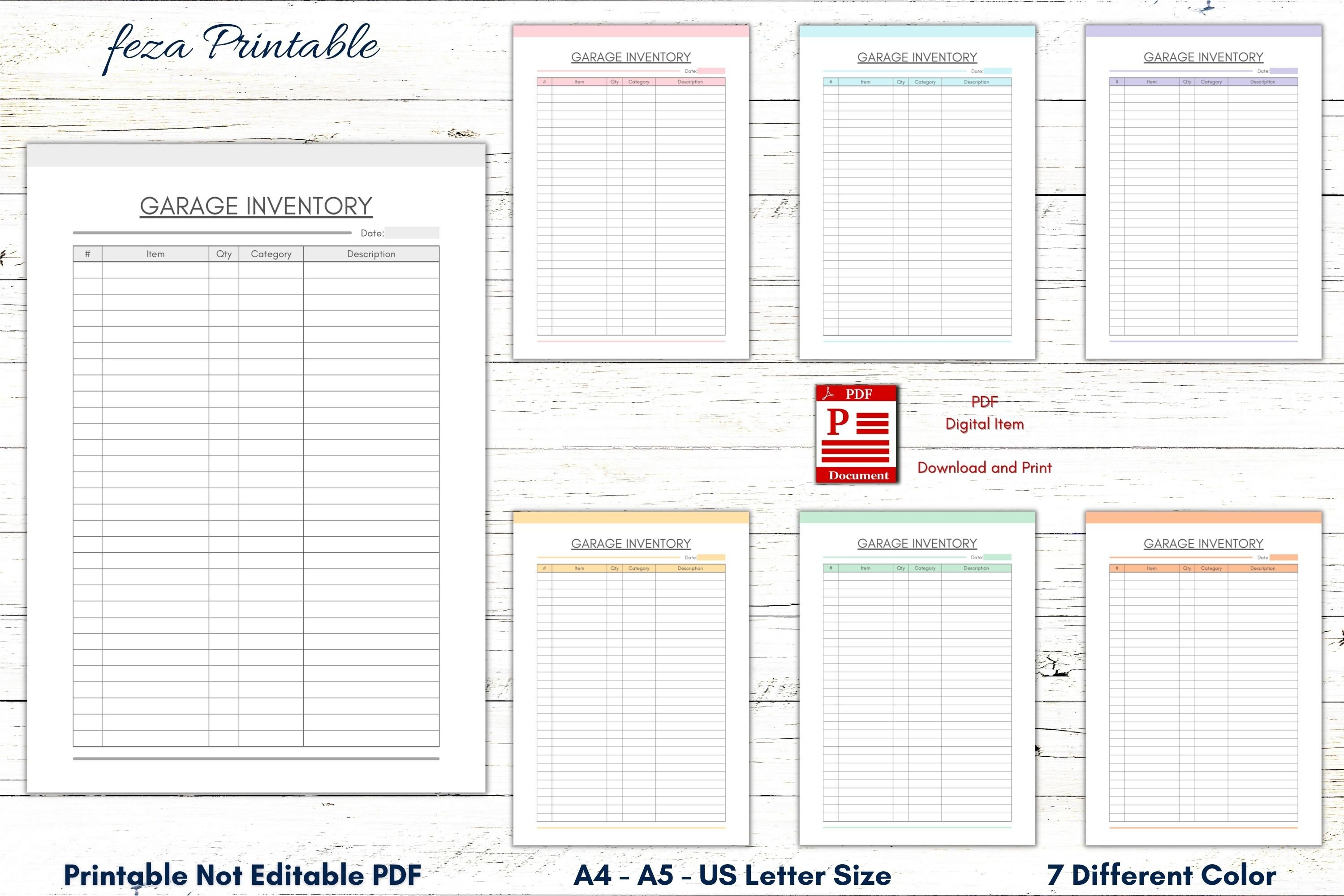 Printable Garage Inventory List, Garage Log, Householad Inventory Sheet