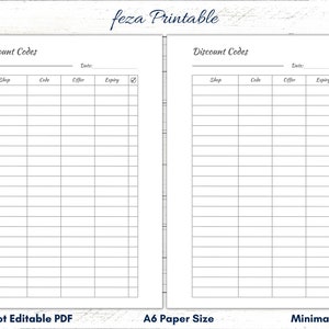 Rastreador de códigos de cupom A6 para impressão, rastreador de códigos de desconto A6, lista de códigos de desconto de loja, formulário de desconto de modelo de lista de cupons de rastreador de código promocional
