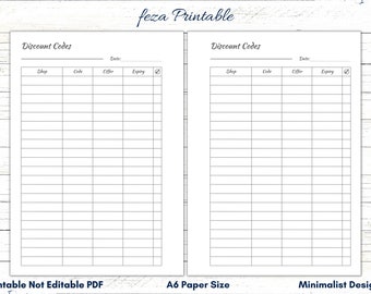 A6 Coupon Code Tracker Printable, Liste (PDF Download
