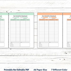 May include: Four printable net worth tracker pages in different colors. Each page has columns for year, month, description, assets, value, liabilities, and value. The pages are designed for A6 paper size.