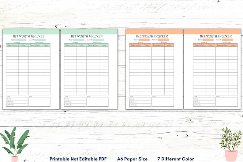 May include: Four printable net worth tracker pages in different colors. Each page has columns for year, month, description, assets, value, liabilities, and value. The pages are designed for A6 paper size.