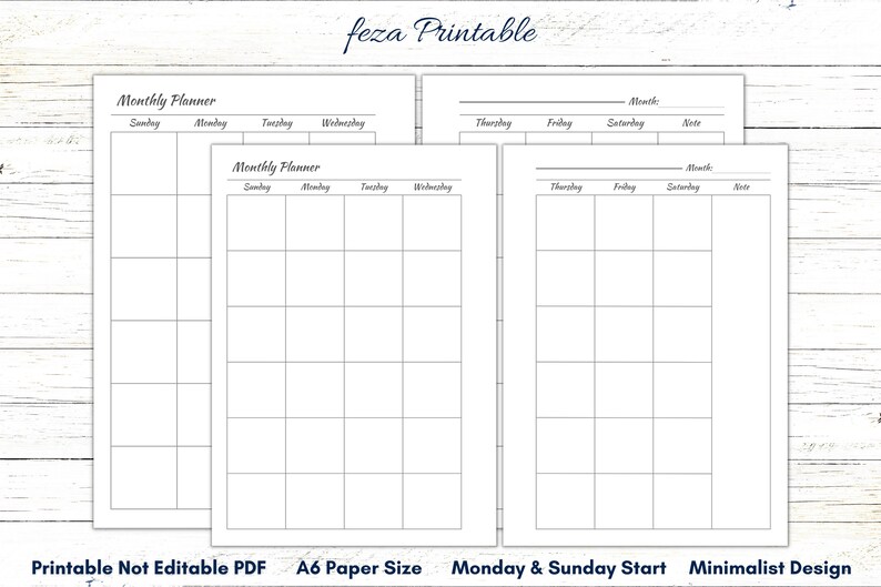 A6 Monthly Planner, Blank Monthly Calendar, A6 Calendar Printable ...