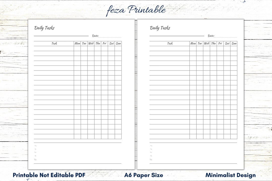 A6 Daily Checklist Printable, Daily Checklist Template, Daily Task ...