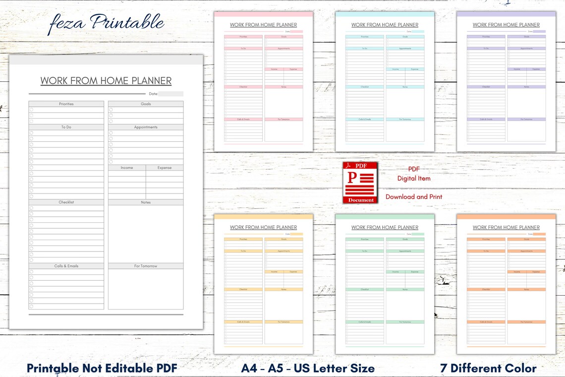 Work From Home Planner Sheet Printable Template, Productivity Planner