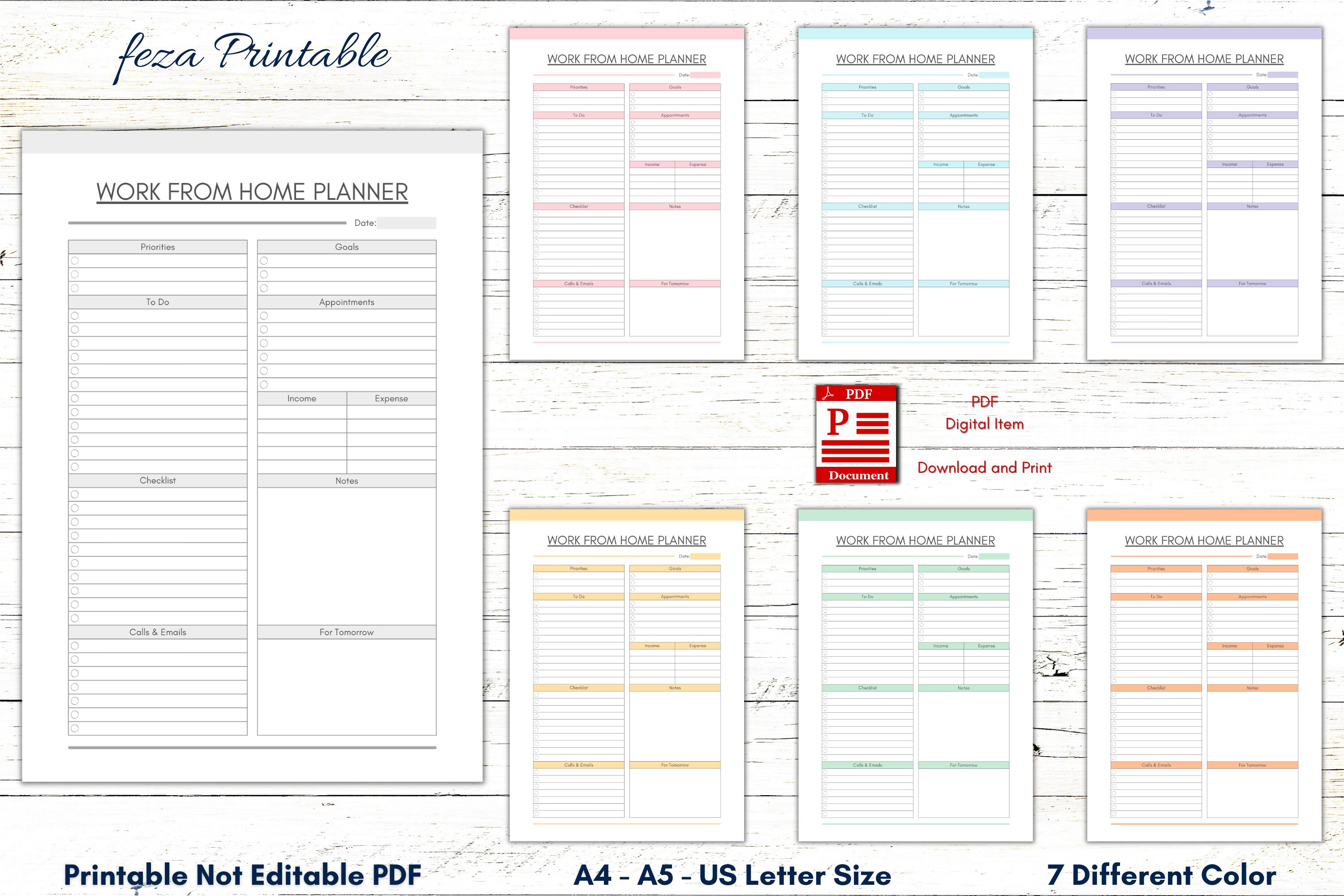 Work From Home Planner Sheet Printable Template, Productivity Planner