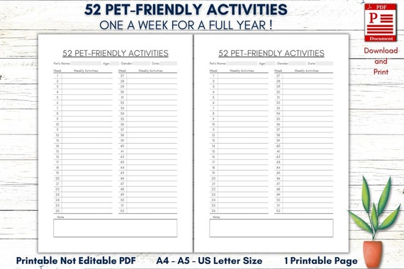 Printable Pet-friendly Activities Printanle Weekly Pet | Etsy
