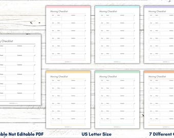 May include: Printable moving checklist in seven different colours: pink, light blue, purple, yellow, light green, peach, and white. The checklist is formatted for US Letter size paper and is not editable.