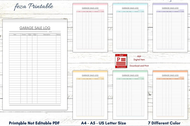 Printable Garage Sale Log, Yard Sale Log, Sale Money Tracker, Yard