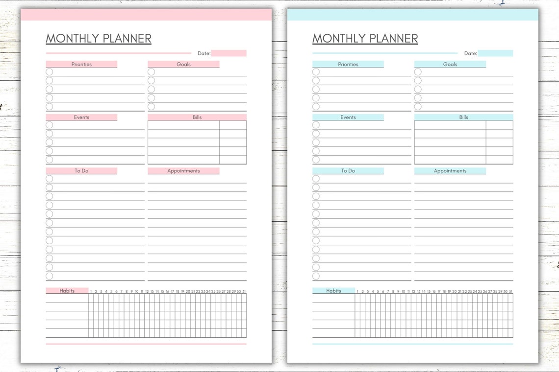 Printable Monthly Planner, PDF Monthly Calendar, PDF Monthly Organizer ...