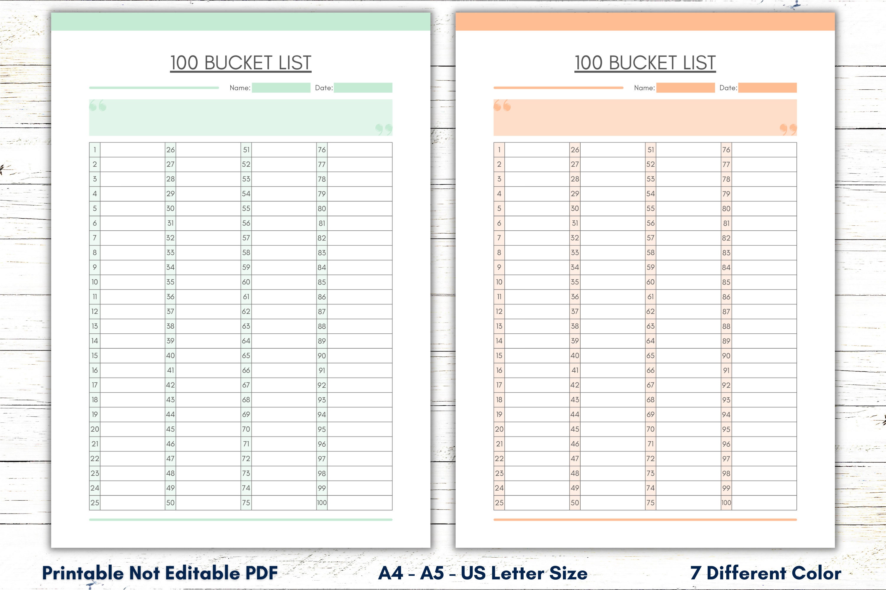100 Bucket List Printable Template, Bucket List Sheet, Bucket List ...