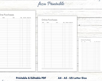 Online Purchase Tracker, Printable Shopping Log (A4, A5, US Letter) (Digital Download)