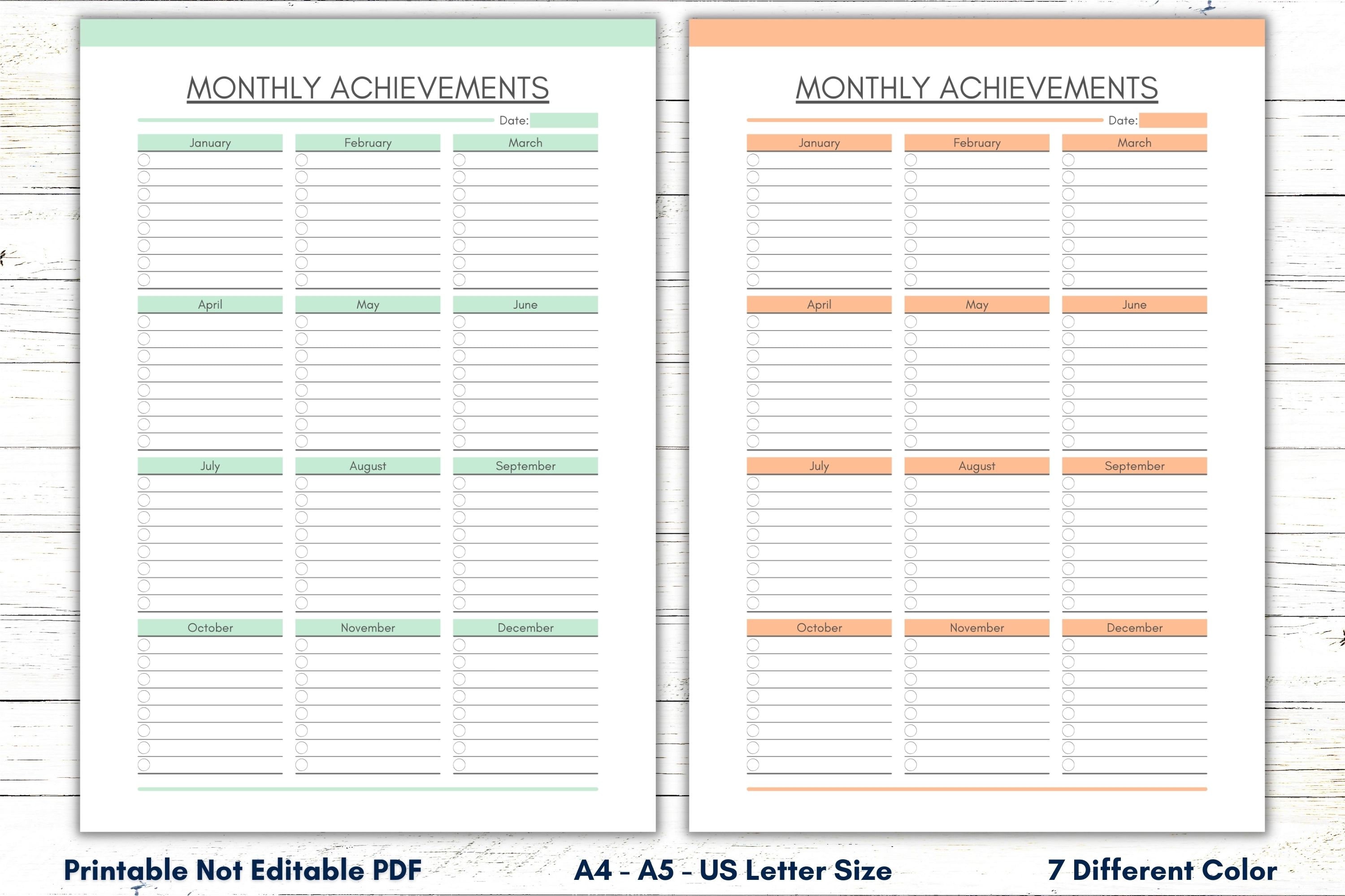 Printable Monthly Achievements Tracker, Goals Organizer (PDF) - Etsy
