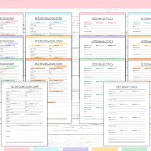 Peut inclure: Formulaires imprimables d'informations sur les animaux de compagnie et de visites v&eacute;t&eacute;rinaires. Les formulaires sont dans un sch&eacute;ma de couleurs pastel avec des accents bleu clair, vert clair, rose clair et orange clair. Les formulaires comprennent des sections pour les informations sur les animaux de compagnie, telles que le nom, la race et la date de naissance, ainsi que des informations sur les visites v&eacute;t&eacute;rinaires, telles que la date, la raison de la visite et le diagnostic.