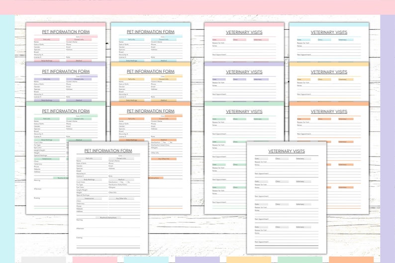 Peut inclure: Formulaires imprimables d'informations sur les animaux de compagnie et de visites v&eacute;t&eacute;rinaires. Les formulaires sont dans un sch&eacute;ma de couleurs pastel avec des accents bleu clair, vert clair, rose clair et orange clair. Les formulaires comprennent des sections pour les informations sur les animaux de compagnie, telles que le nom, la race et la date de naissance, ainsi que des informations sur les visites v&eacute;t&eacute;rinaires, telles que la date, la raison de la visite et le diagnostic.