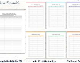 Printable Vocabulary List, Language Learning Planner (PDF)