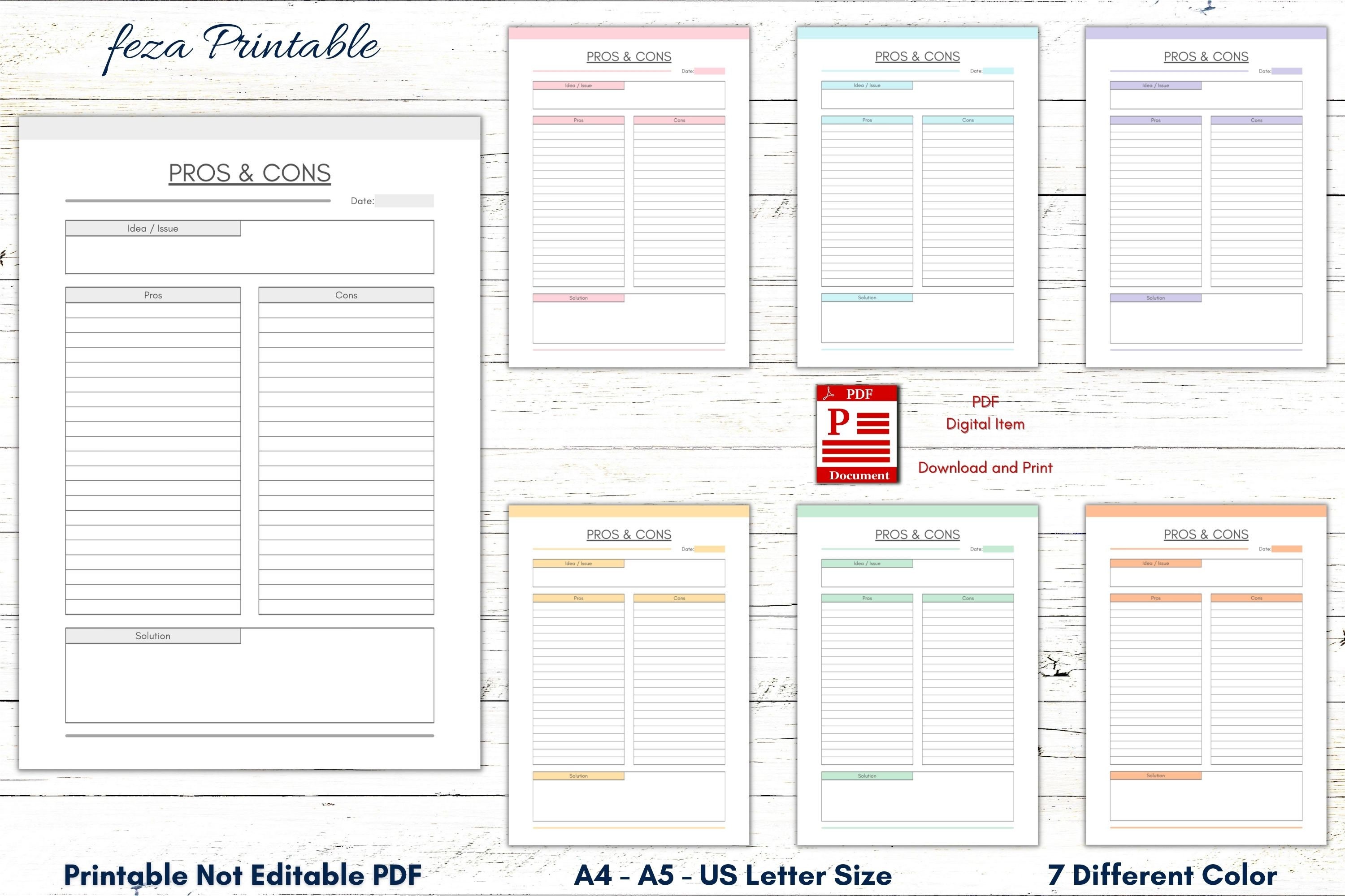 Printable Pros and Cons List, Idea Issue Planner Template, Problem