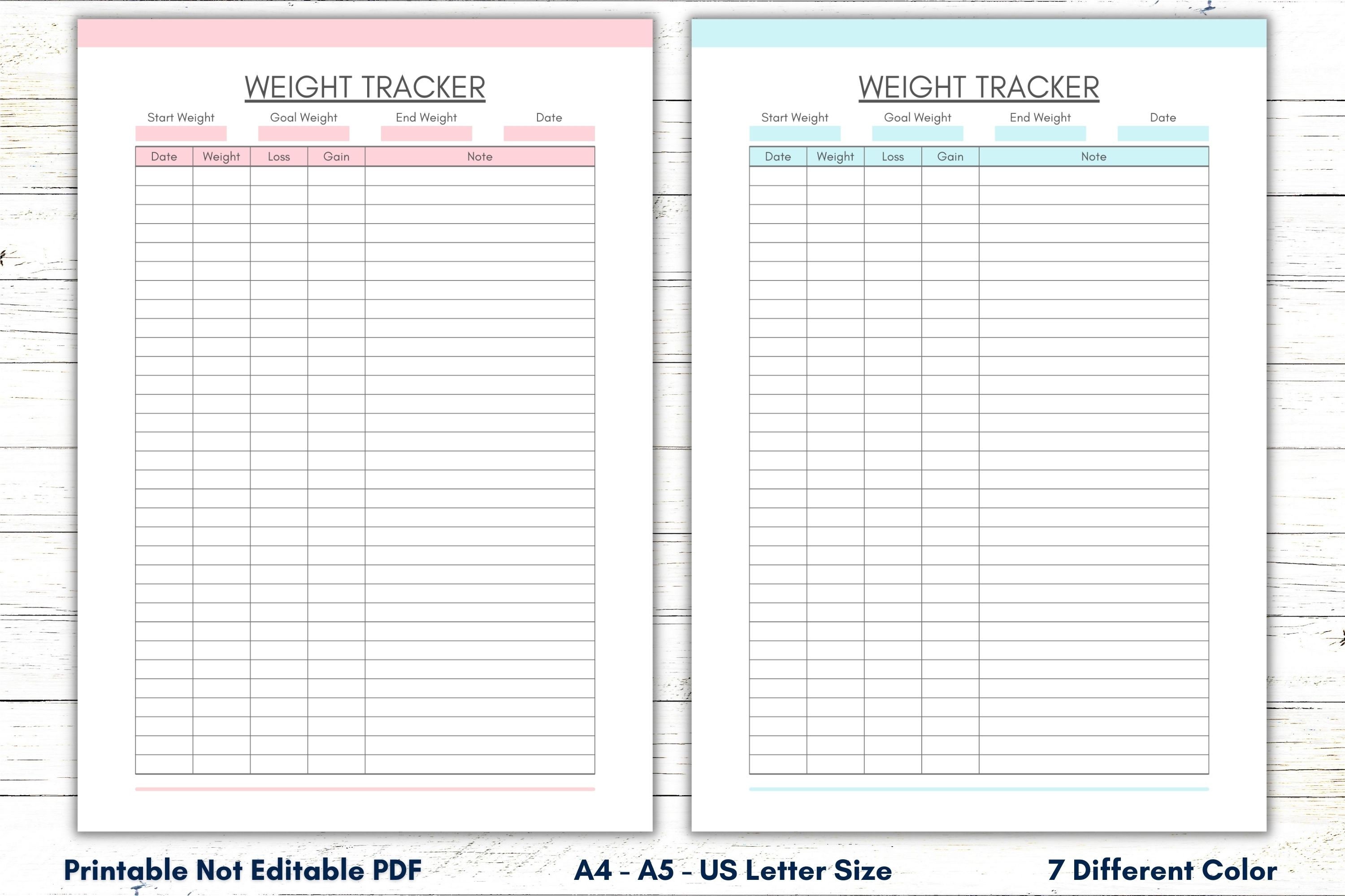 Printable Weight Tracker, Weight Log Template, Weight Loss Planner