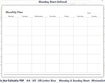 Undated Monthly Calendar Printable, A4 A5 Letter Size (Digital Download)