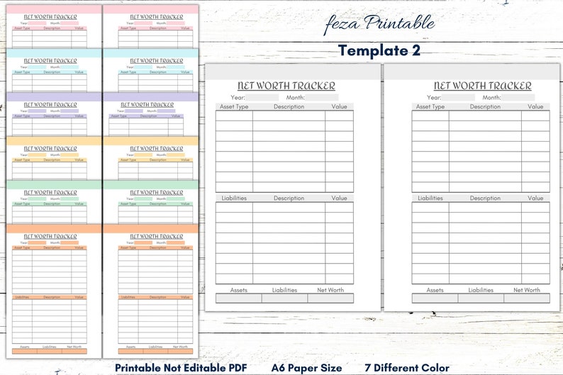 May include: Printable net worth tracker template in seven different colors. The template includes sections for assets, liabilities, and net worth. The template is designed for A6 paper size.