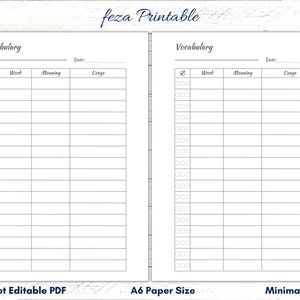 May include: Printable vocabulary list template with two columns for words and their meanings. The template is designed for A6 paper size and has a minimalist design.