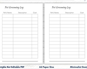 A6 Pet Grooming Log, Printable Planner (PDF)