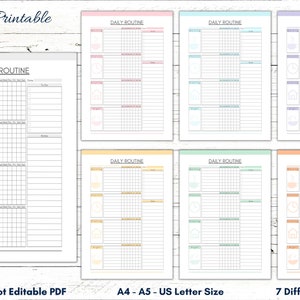 May include: Printable daily routine planner in seven different colors: pink, yellow, green, blue, purple, orange, and peach. The planner is divided into four sections: morning, afternoon, evening, and night. Each section has a grid for scheduling activities and a space for notes. The planner is available in A4, A5, and US Letter sizes.