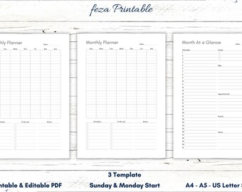 May include: Three printable monthly planner templates in black and white. The templates include a monthly calendar, a month at a glance, and a to-do list. The templates are designed for use with A4, A5, and US Letter size paper.
