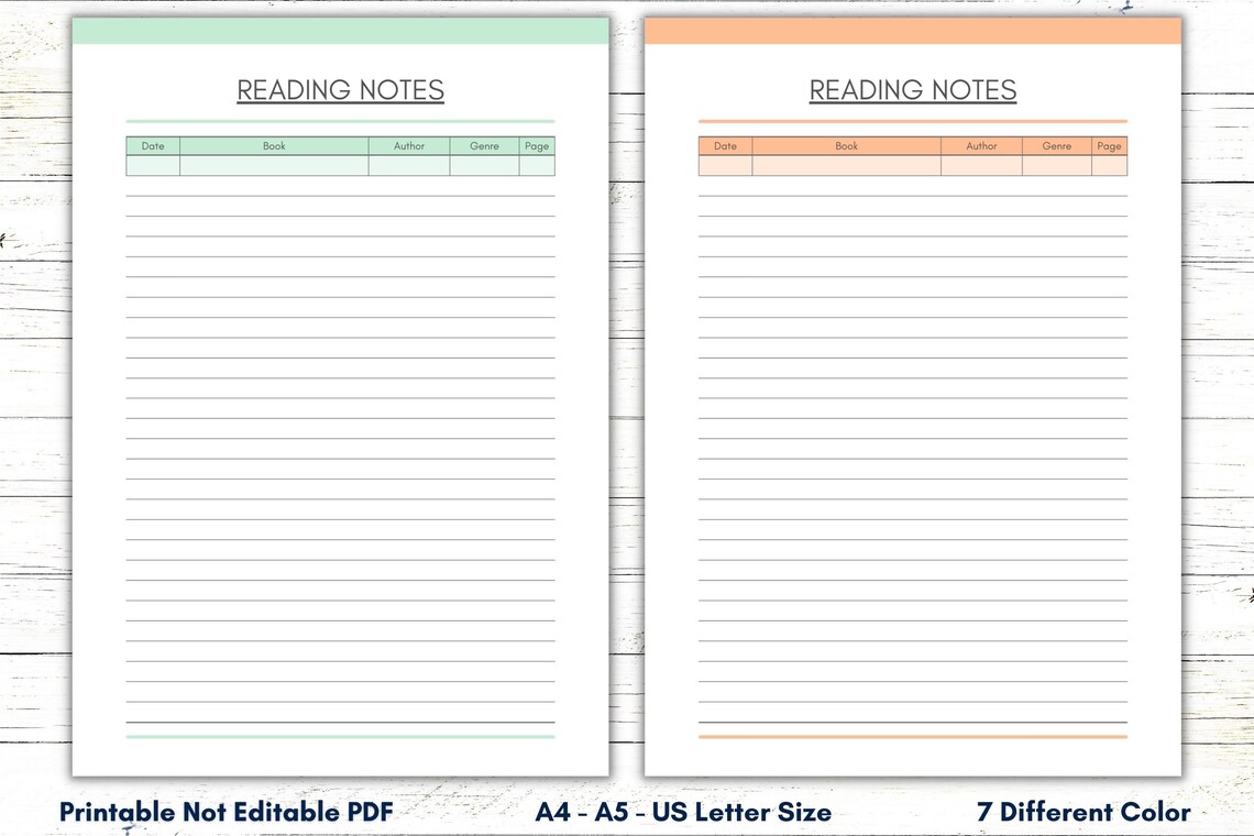 Book Reading Notes Template Printable Reading Bullet Journal Etsy