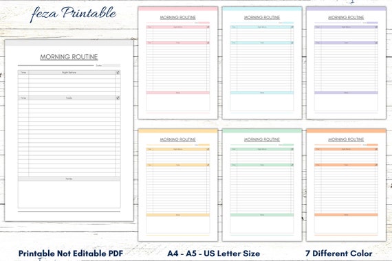 Morning Routine Tracker Printable, Productivity Sheet (A4, A5, US Letter)