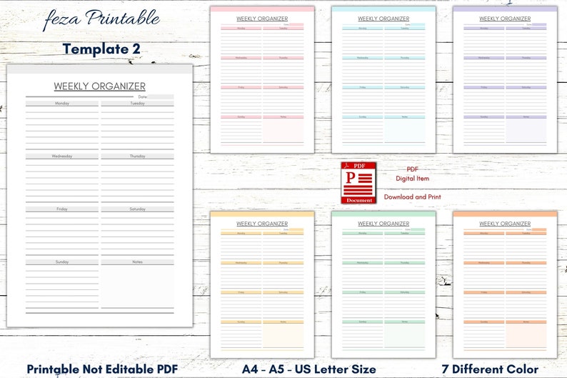 Printable Weekly Planner, Weekly Planner Insert, Weekly Schedule, Weekly Notes, Printable ...