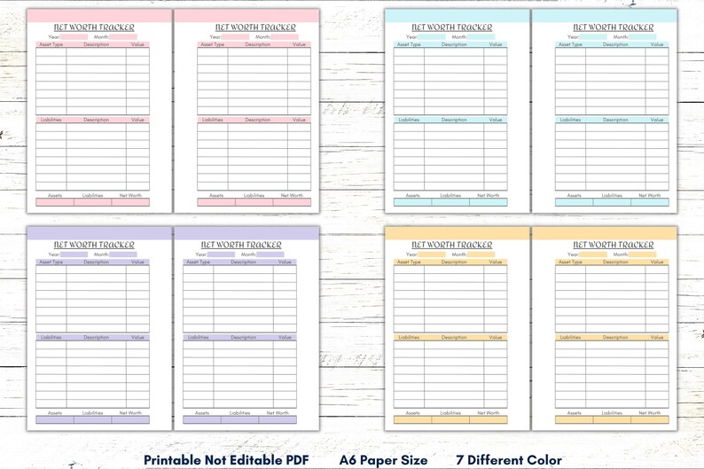 May include: Seven printable net worth tracker pages in different colors: pink, lavender, light blue, blue, yellow, light yellow, and peach. Each page has a table with columns for year, month, asset type, description, and value. The pages are labeled "Net Worth Tracker" and are designed for A6 paper size.
