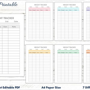 May include: Printable weight tracker log sheets in seven different colors. Each sheet has columns for date, weight, loss, gain, and notes. The sheets are A6 size and are not editable.