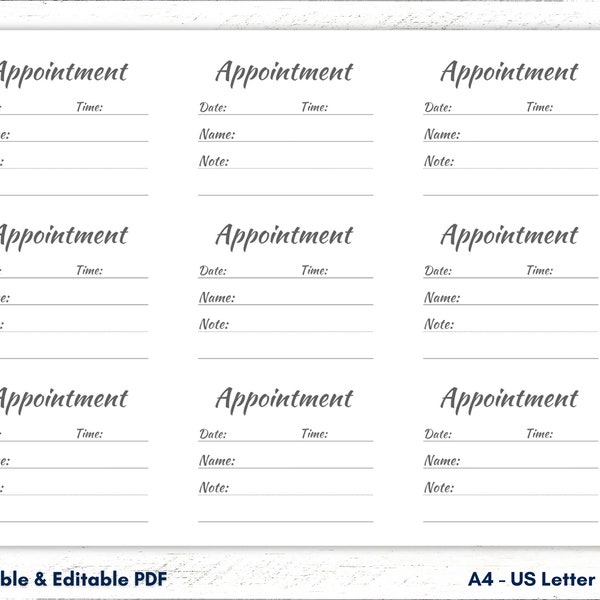 Appointment Card Template, Appointment Card Printable, Appointment Cards, Appointment Reminder Cards, Appointment Planner, A4, US Letter PDF