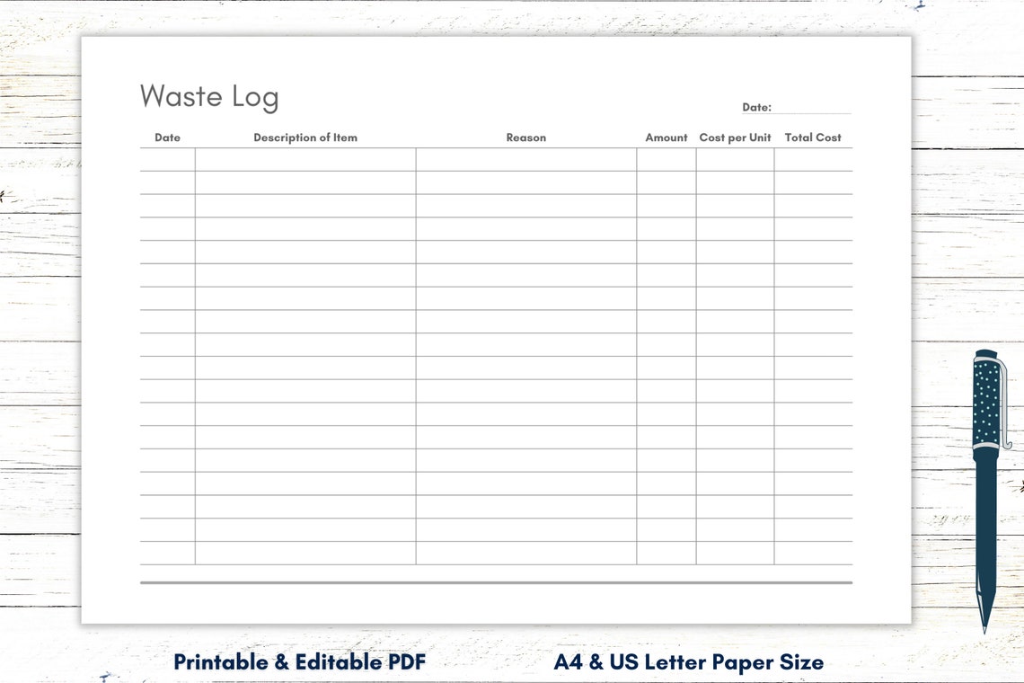 Waste Log Printable Waste Tracker Template Restaurant Planner Food Waste Log Printable Waste Tracker Template Restaurant Planner Food