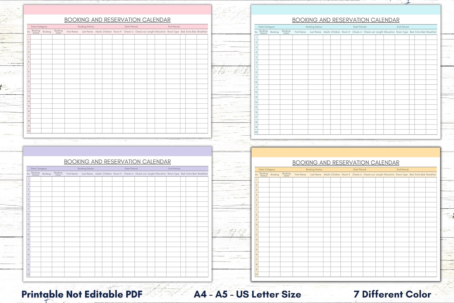 Printable Booking & Reservation Calendar Printable Booking Etsy Australia