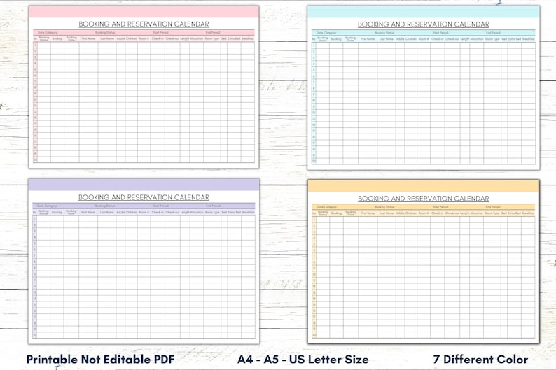Printable Booking & Reservation Calendar, Printable Booking Template ...